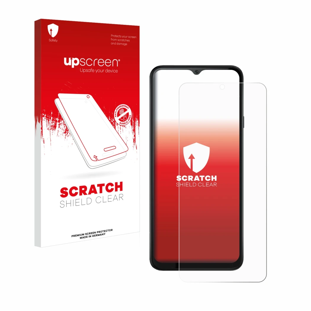 Face avant d’un emballage produit avec le logo de la marque upscreen. À côté, l’appareil Cubot Note 50 est représenté avec la 