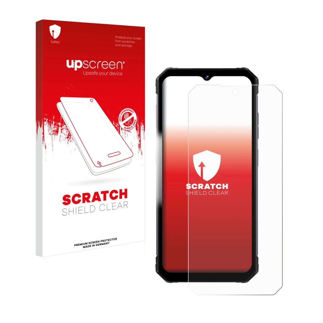 Face avant d’un emballage produit avec le logo de la marque upscreen. À côté, l’appareil Fossibot F102 est représenté avec la