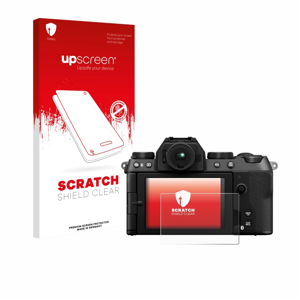 Face avant d’un emballage produit avec le logo de la marque upscreen. À côté, l’appareil Fujifilm X-S20 est représenté avec la