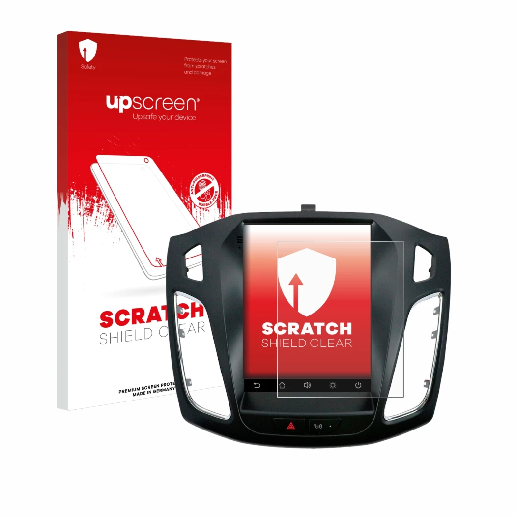 Face avant d’un emballage produit avec le logo de la marque upscreen. À côté, l’appareil Isudar Ford/Focus MK3 2012–2019 est r