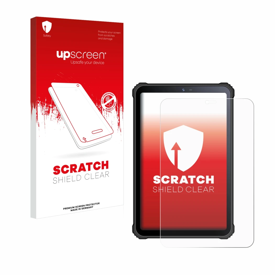 Face avant d’un emballage produit avec le logo de la marque upscreen. À côté, l’appareil Oukitel RT3 est représenté avec la pr