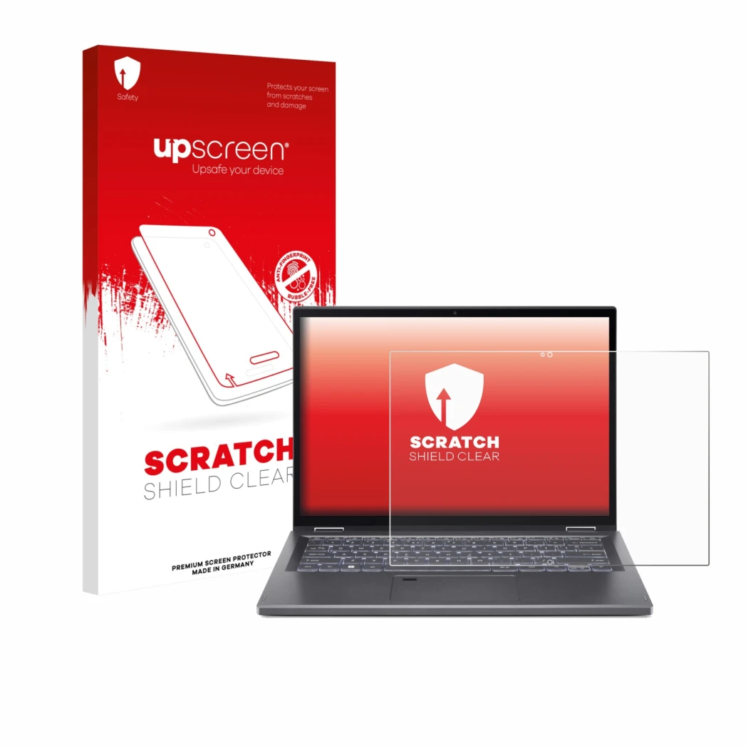 Face avant d’un emballage produit avec le logo de la marque upscreen. À côté, l’appareil Acer Aspire 5 Spin 14 est représenté 