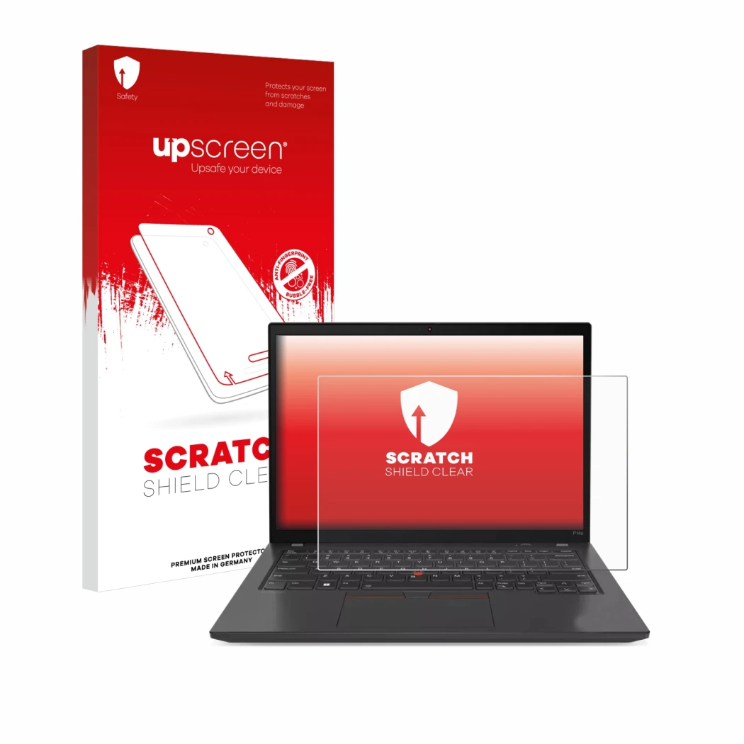 Face avant d’un emballage produit avec le logo de la marque upscreen. À côté, l’appareil Lenovo ThinkPad P14s Gen 4 est représ