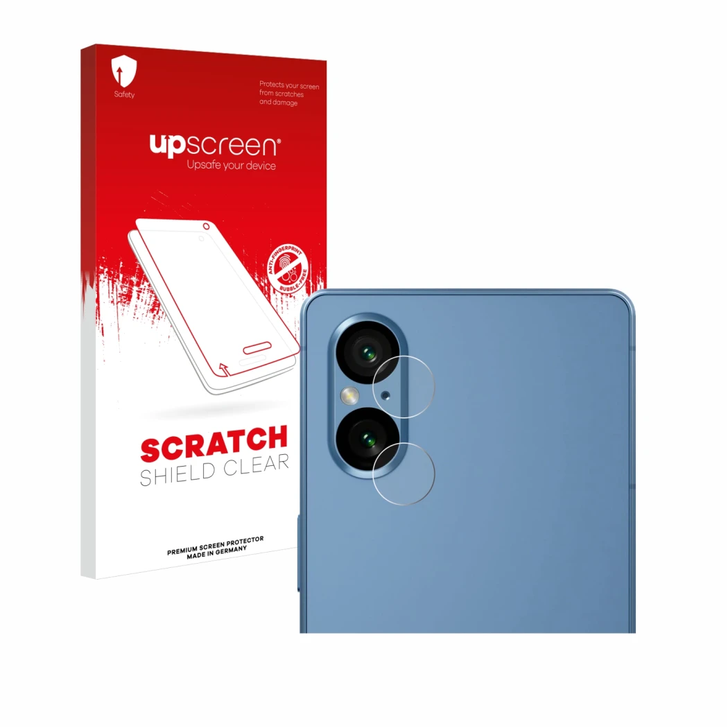 Face avant d’un emballage produit avec le logo de la marque upscreen. À côté, l’appareil Sony Xperia 5 V (Caméra UNIQUEMENT) e