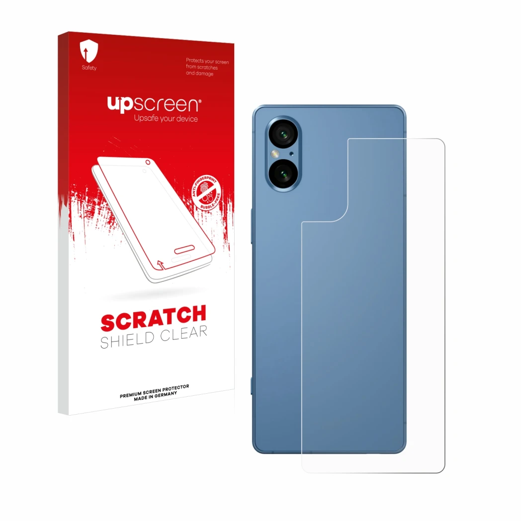 Face avant d’un emballage produit avec le logo de la marque upscreen. À côté, l’appareil Sony Xperia 5 V (Arrière) est représe