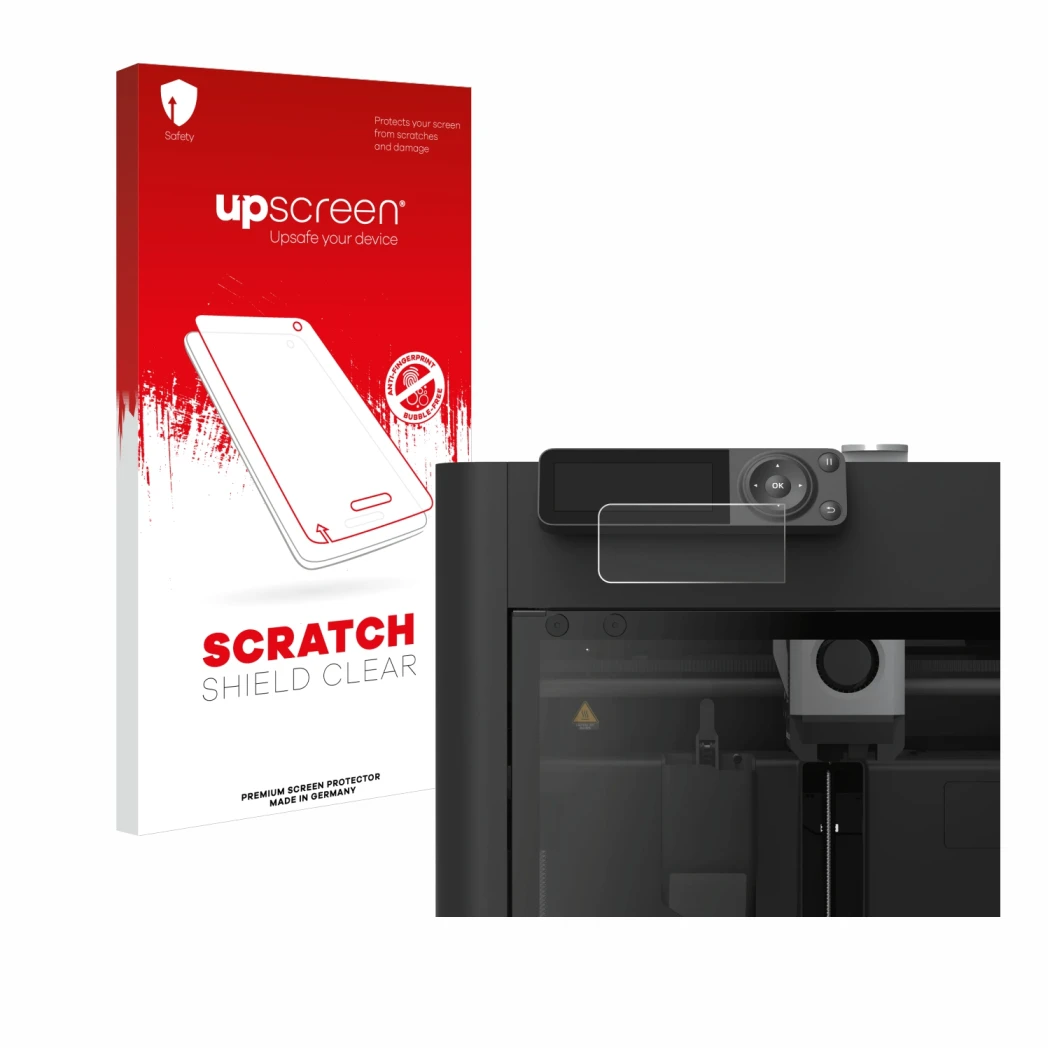 Face avant d’un emballage produit avec le logo de la marque upscreen. À côté, l’appareil Bambu Lab P1S 3D Printer est représen
