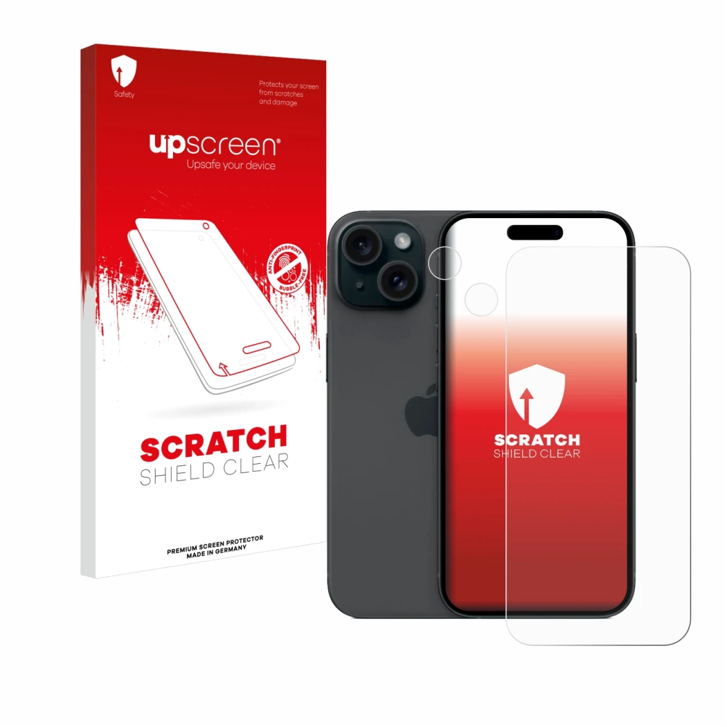 Face avant d’un emballage produit avec le logo de la marque upscreen. À côté, l’appareil Apple iPhone 15 (Avant+Caméra) est re
