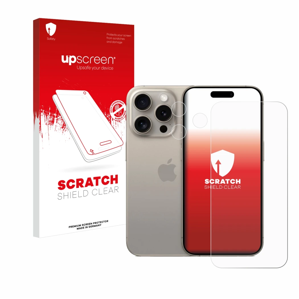 Face avant d’un emballage produit avec le logo de la marque upscreen. À côté, l’appareil Apple iPhone 15 Pro (Avant+Caméra) es