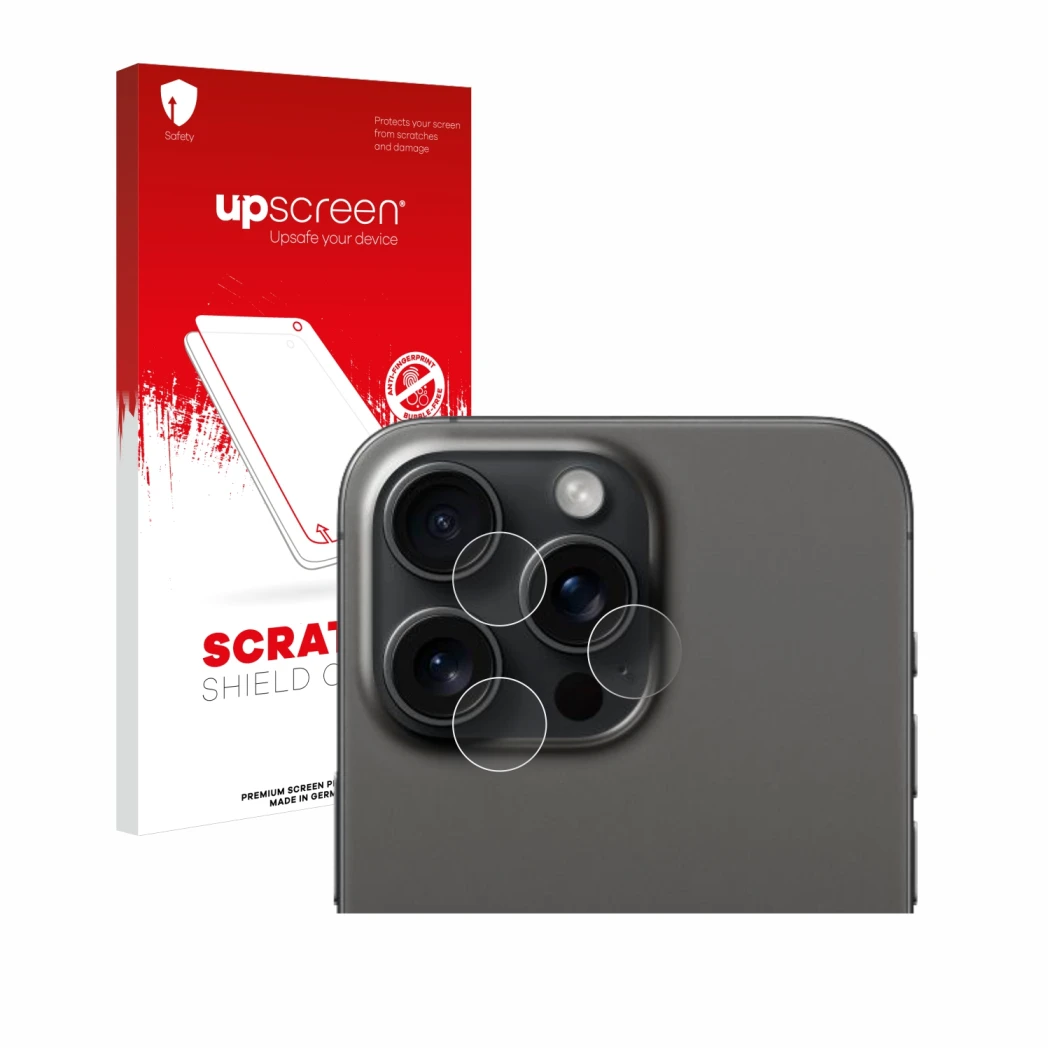 Face avant d’un emballage produit avec le logo de la marque upscreen. À côté, l’appareil Apple iPhone 15 Pro Max (Caméra UNIQU