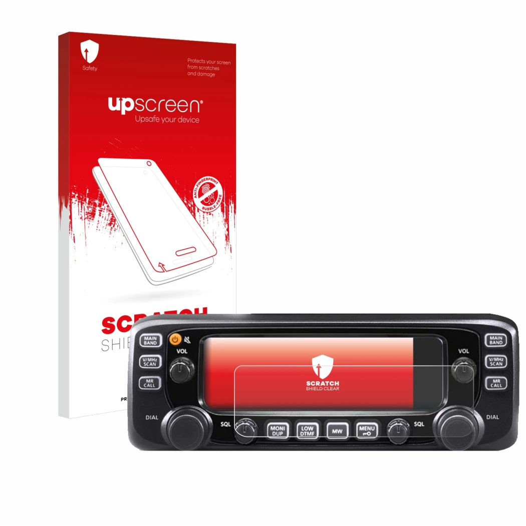 Face avant d’un emballage produit avec le logo de la marque upscreen. À côté, l’appareil Icom IC-2730E est représenté avec la 