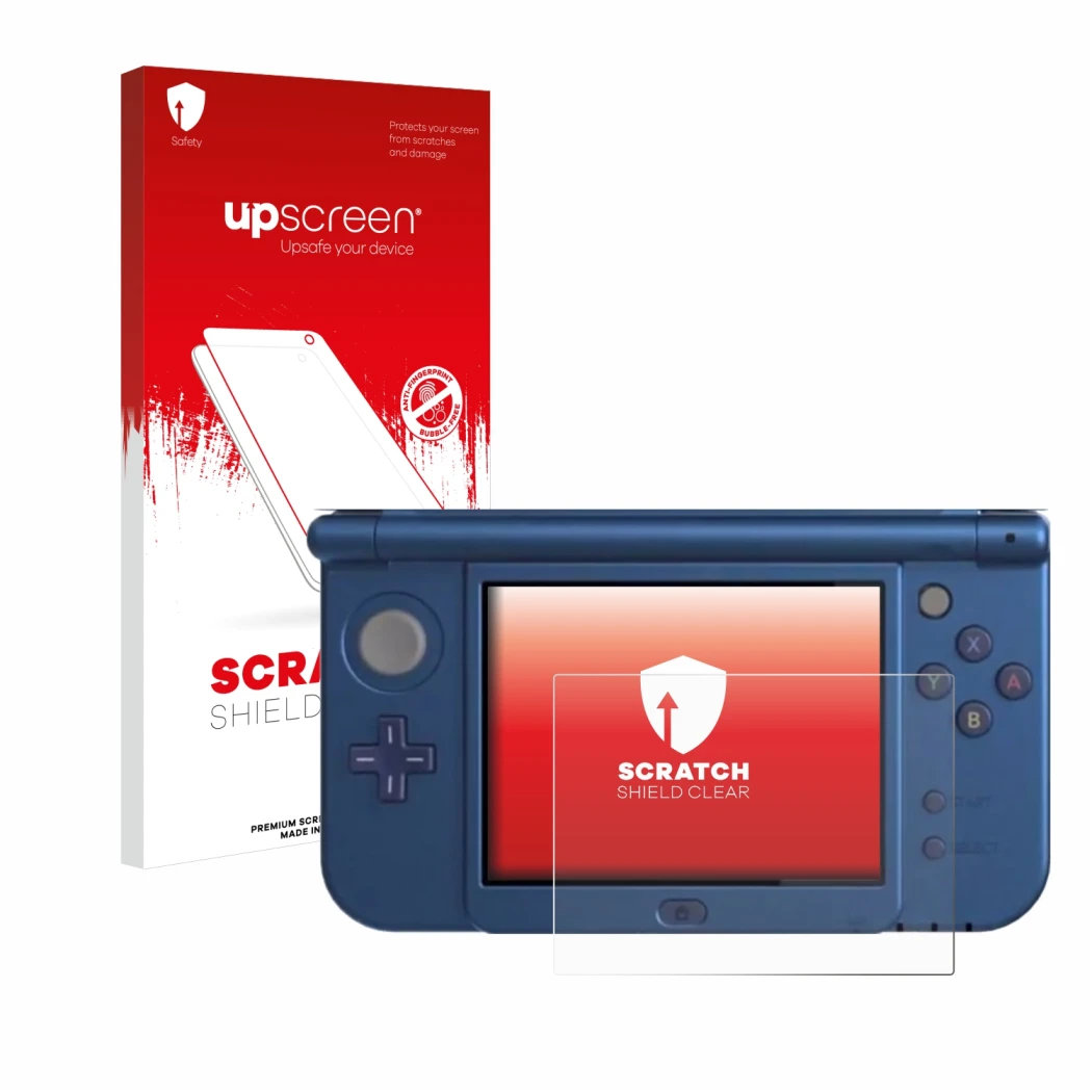 Face avant d’un emballage produit avec le logo de la marque upscreen. À côté, l’appareil Nintendo New 3DS XL (Affichage inféri