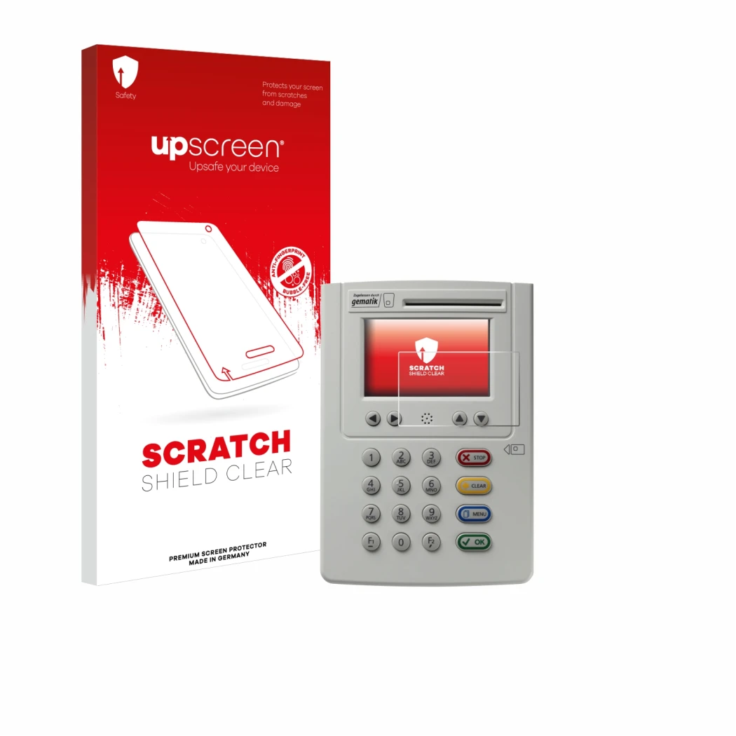 Face avant d’un emballage produit avec le logo de la marque upscreen. À côté, l’appareil ingenico eHealth ORGA Neo 6141 est re