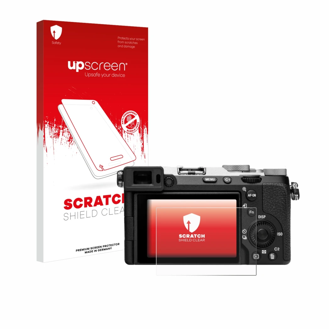 Face avant d’un emballage produit avec le logo de la marque upscreen. À côté, l’appareil Sony Alpha 7C II (ILCE-7CM2) est repr