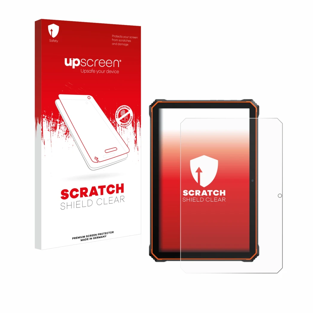 Face avant d’un emballage produit avec le logo de la marque upscreen. À côté, l’appareil Blackview Active 6 est représenté ave