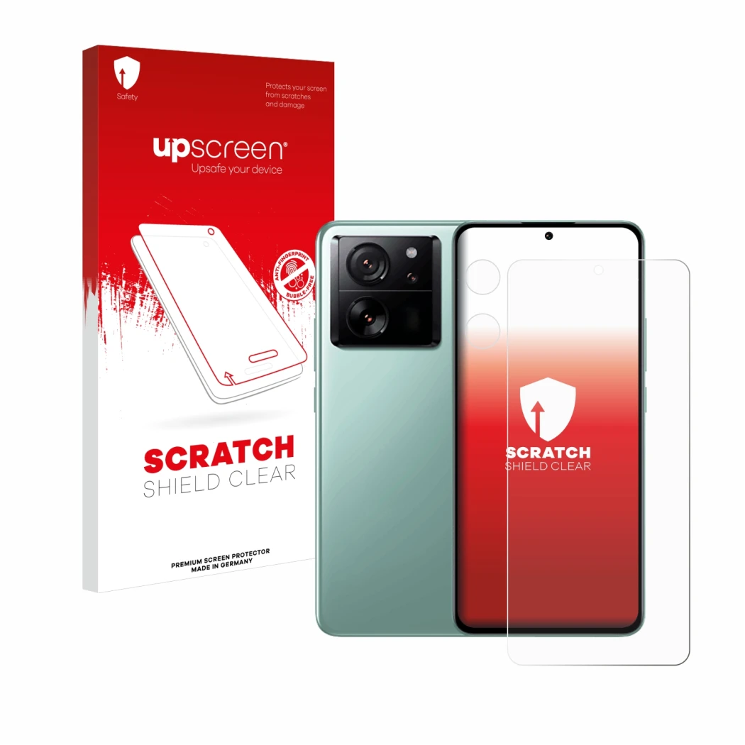 Face avant d’un emballage produit avec le logo de la marque upscreen. À côté, l’appareil Xiaomi 13T Pro (Avant+Caméra) est rep