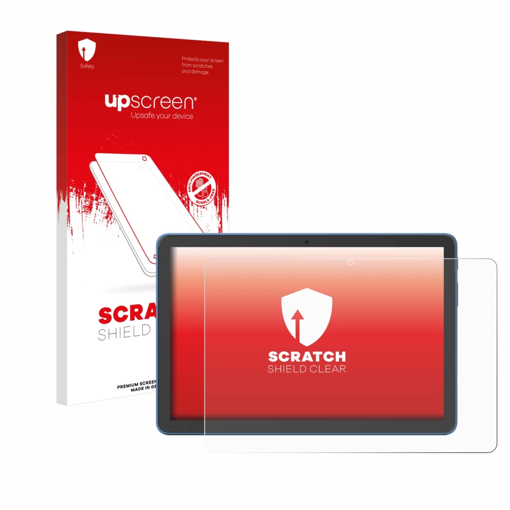 Face avant d’un emballage produit avec le logo de la marque upscreen. À côté, l’appareil Amazon Fire HD 10 2023 (13e Gen.) est