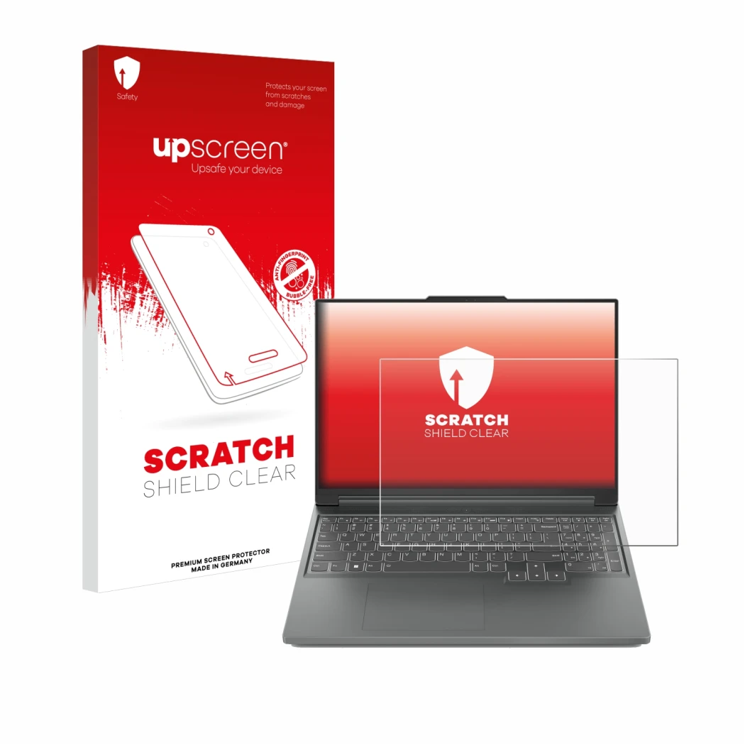 Face avant d’un emballage produit avec le logo de la marque upscreen. À côté, l’appareil Lenovo Legion Slim 5 14 est représent
