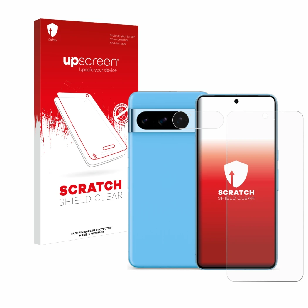 Face avant d’un emballage produit avec le logo de la marque upscreen. À côté, l’appareil Google Pixel 8 Pro (Avant+Caméra) est