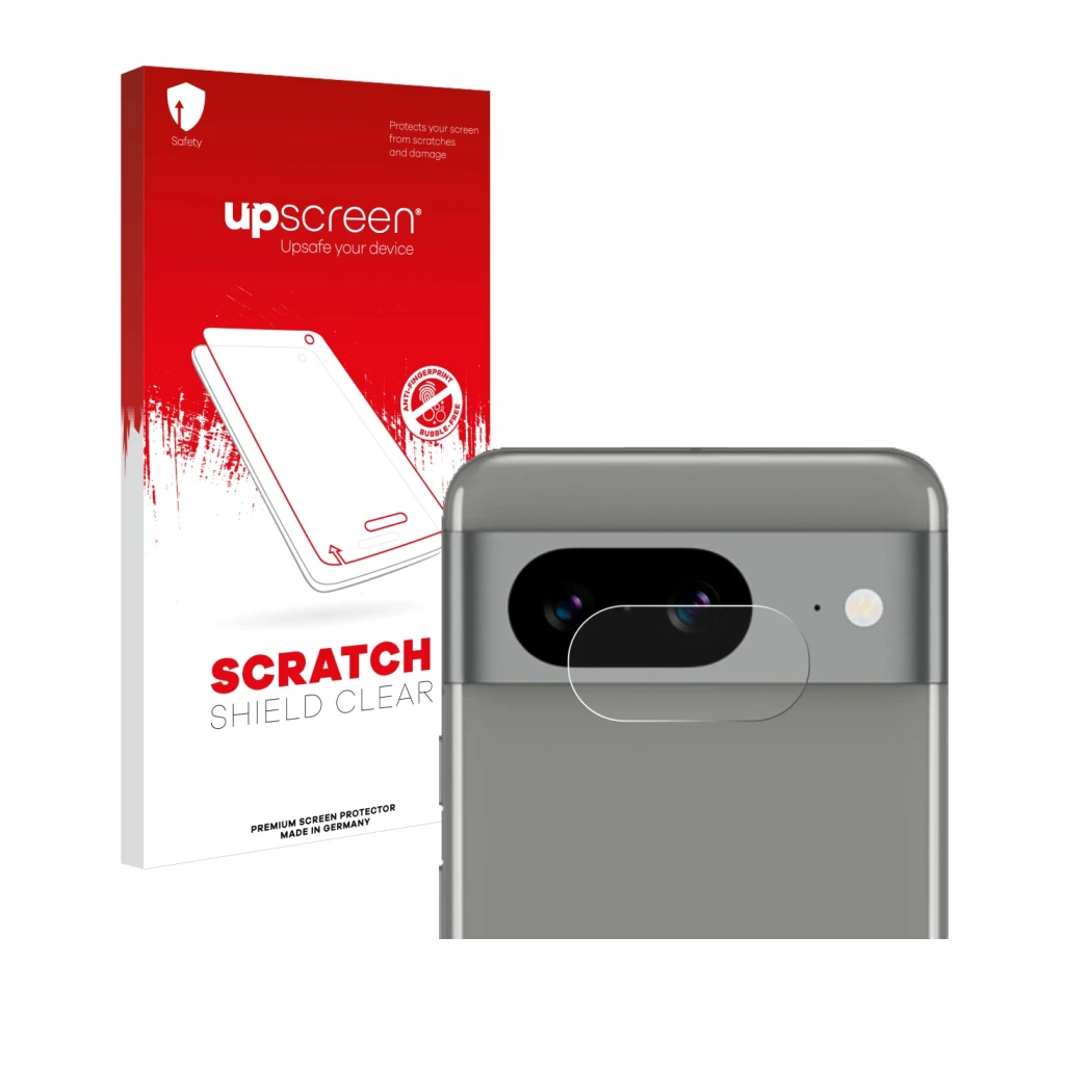 Face avant d’un emballage produit avec le logo de la marque upscreen. À côté, l’appareil Google Pixel 8 (Caméra UNIQUEMENT) es