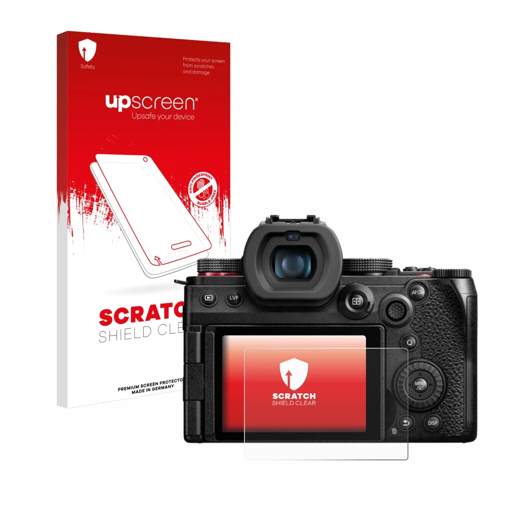 Face avant d’un emballage produit avec le logo de la marque upscreen. À côté, l’appareil Panasonic Lumix DC-G9 II est représen