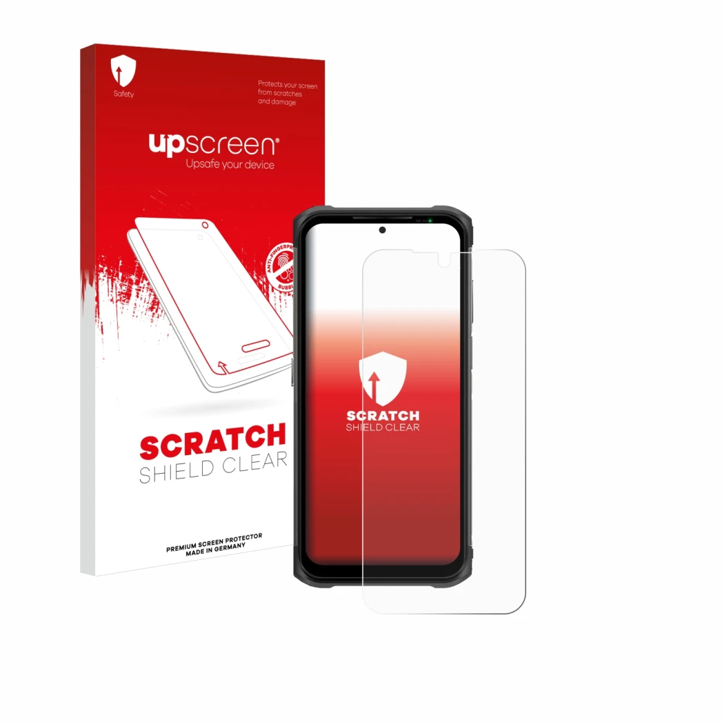 Face avant d’un emballage produit avec le logo de la marque upscreen. À côté, l’appareil Ulefone Armor 12S est représenté avec