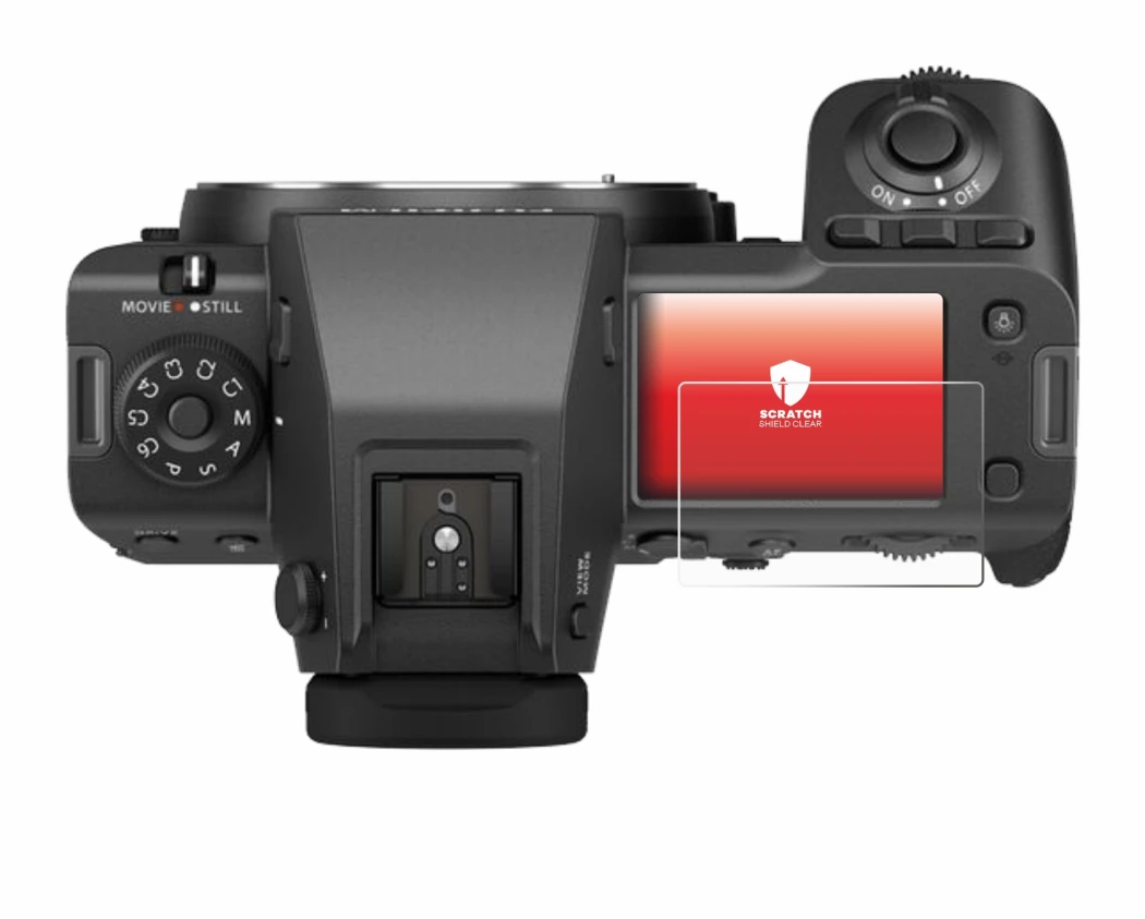 Image de l'appareil Fujifilm GFX100 II (affichage des épaules) avec une grande variété de protections d'écran.