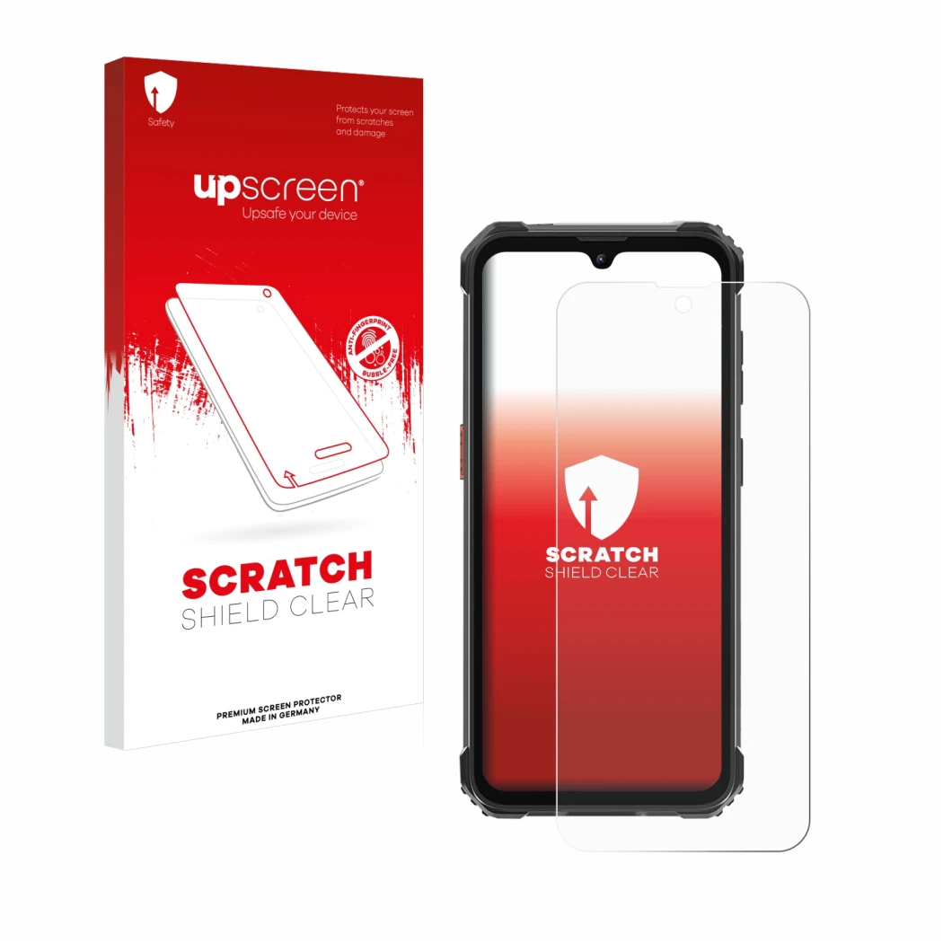 Face avant d’un emballage produit avec le logo de la marque upscreen. À côté, l’appareil Blackview BV5300 Pro (2023) est repré