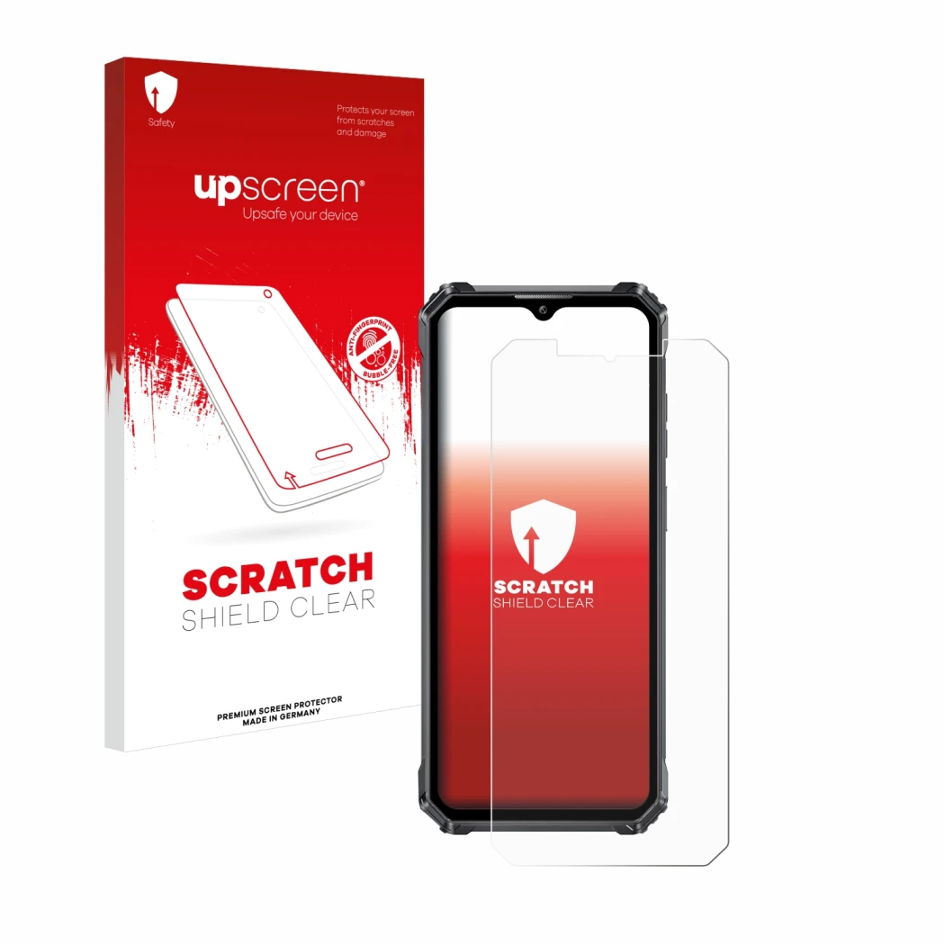 Face avant d’un emballage produit avec le logo de la marque upscreen. À côté, l’appareil Oukitel WP28 est représenté avec la p