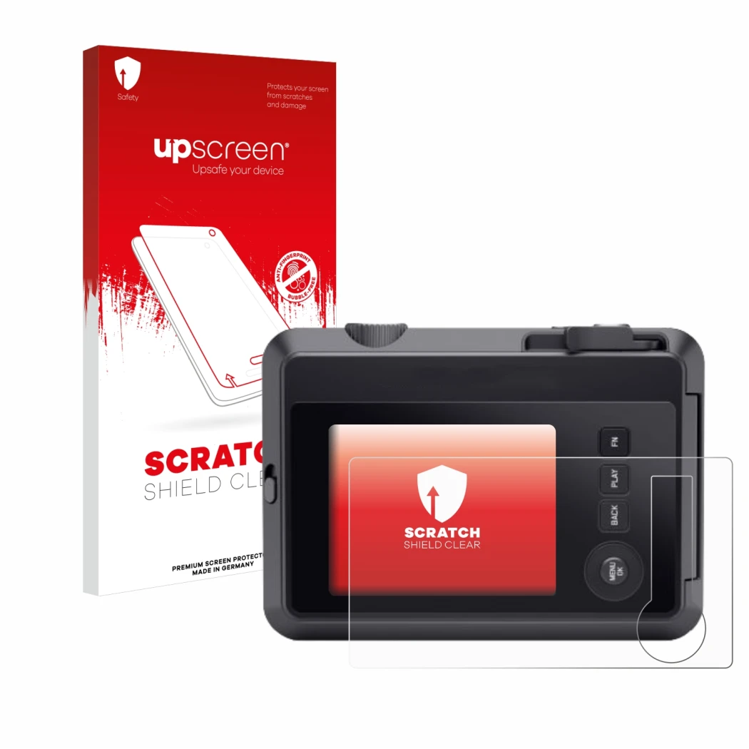 Face avant d’un emballage produit avec le logo de la marque upscreen. À côté, l’appareil Leica SOFORT 2 est représenté avec la