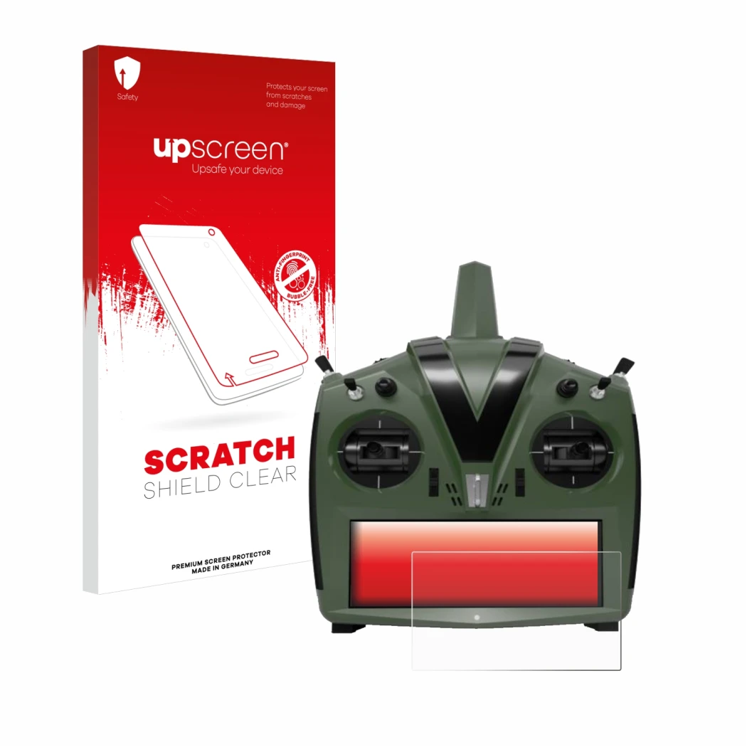 Face avant d’un emballage produit avec le logo de la marque upscreen. À côté, l’appareil VBar Control Evo est représenté avec