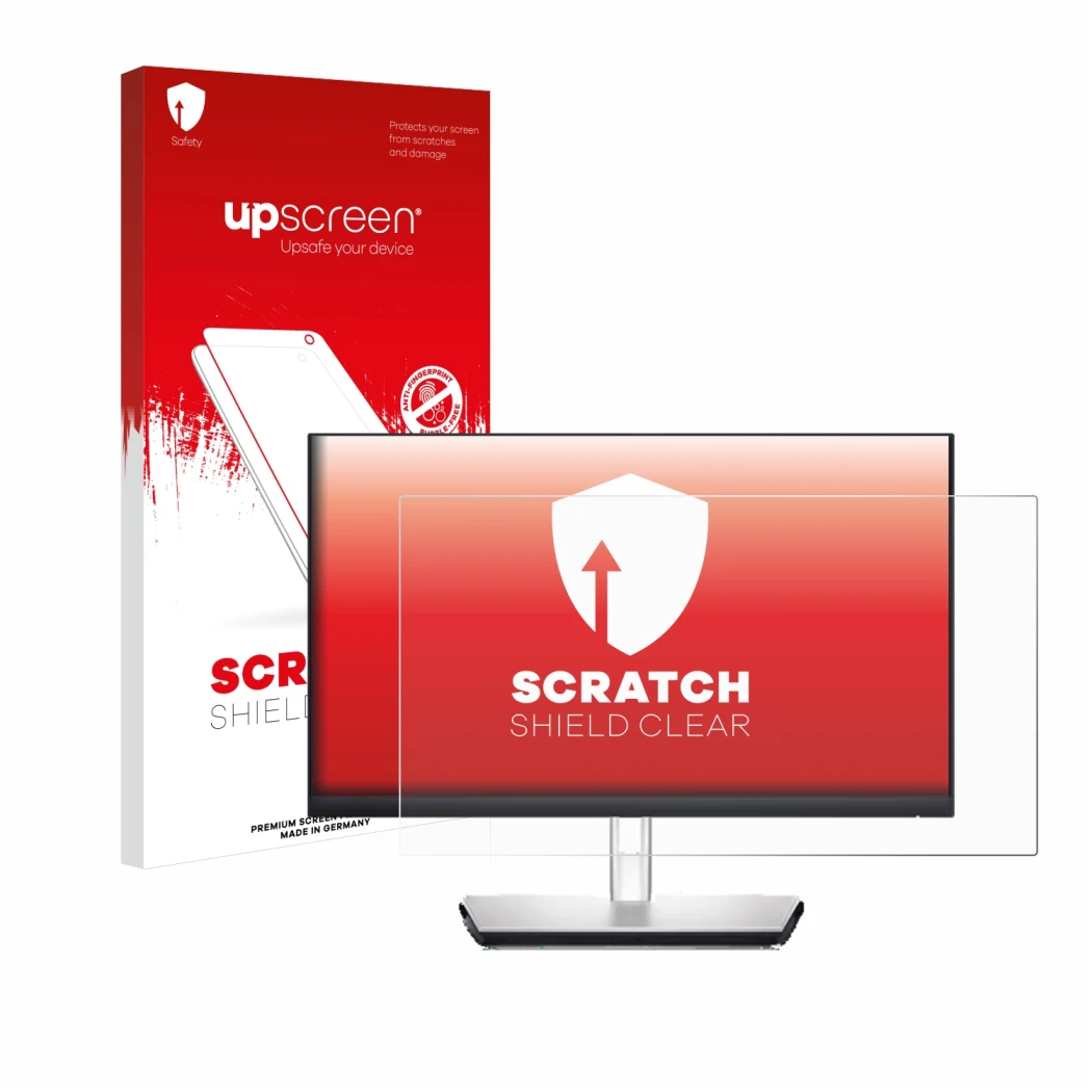 Face avant d’un emballage produit avec le logo de la marque upscreen. À côté, l’appareil Dell P2424HT est représenté avec la p