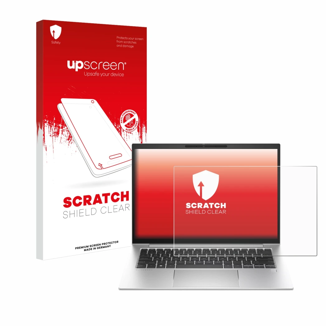 Face avant d’un emballage produit avec le logo de la marque upscreen. À côté, l’appareil HP EliteBook 840 G10 est représenté a