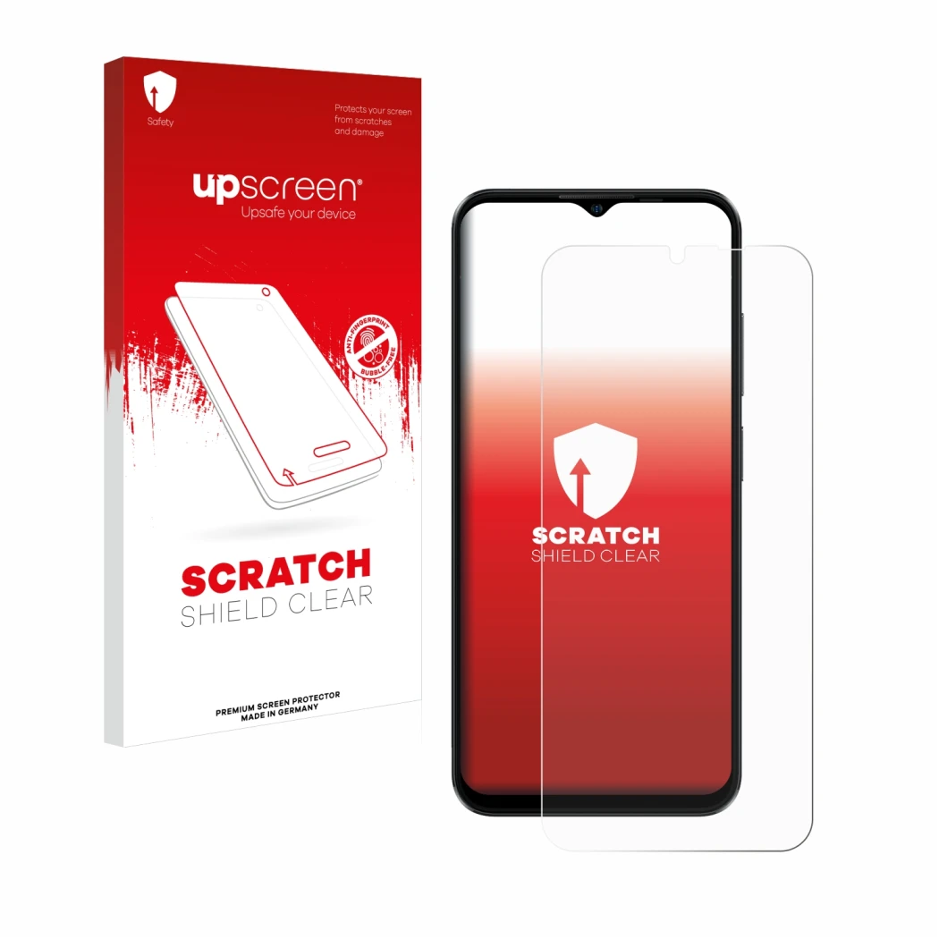 Face avant d’un emballage produit avec le logo de la marque upscreen. À côté, l’appareil Ulefone Note 16 Pro est représenté av