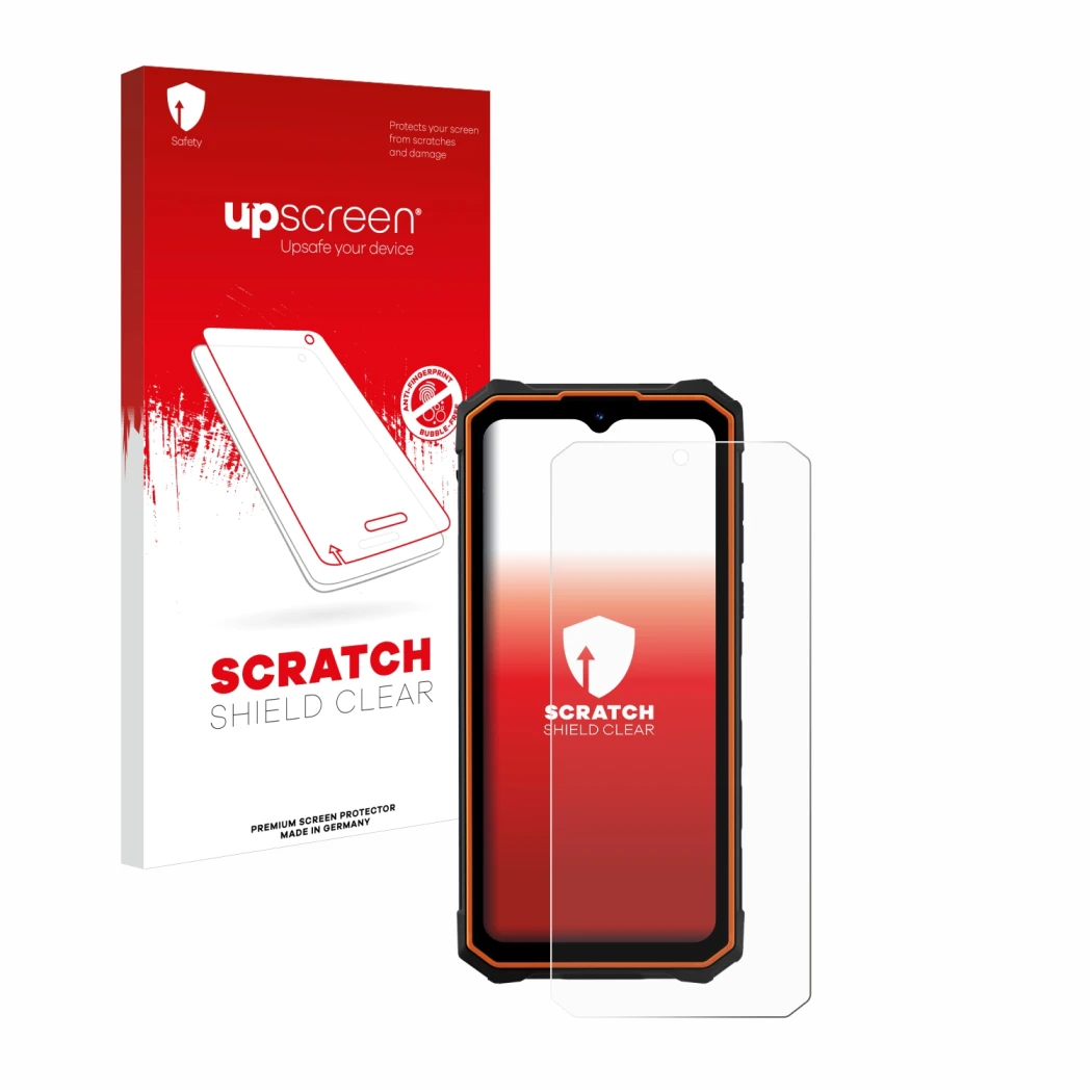 Face avant d’un emballage produit avec le logo de la marque upscreen. À côté, l’appareil Hotwav Cyber 13 Pro est représenté av