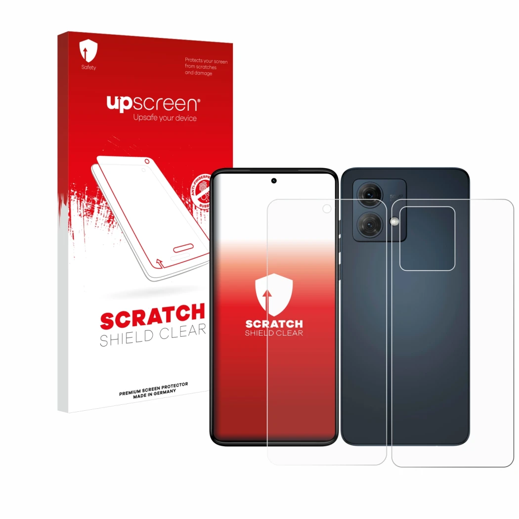 Face avant d’un emballage produit avec le logo de la marque upscreen. À côté, l’appareil Motorola Moto G84 (Avant+Arrière) est