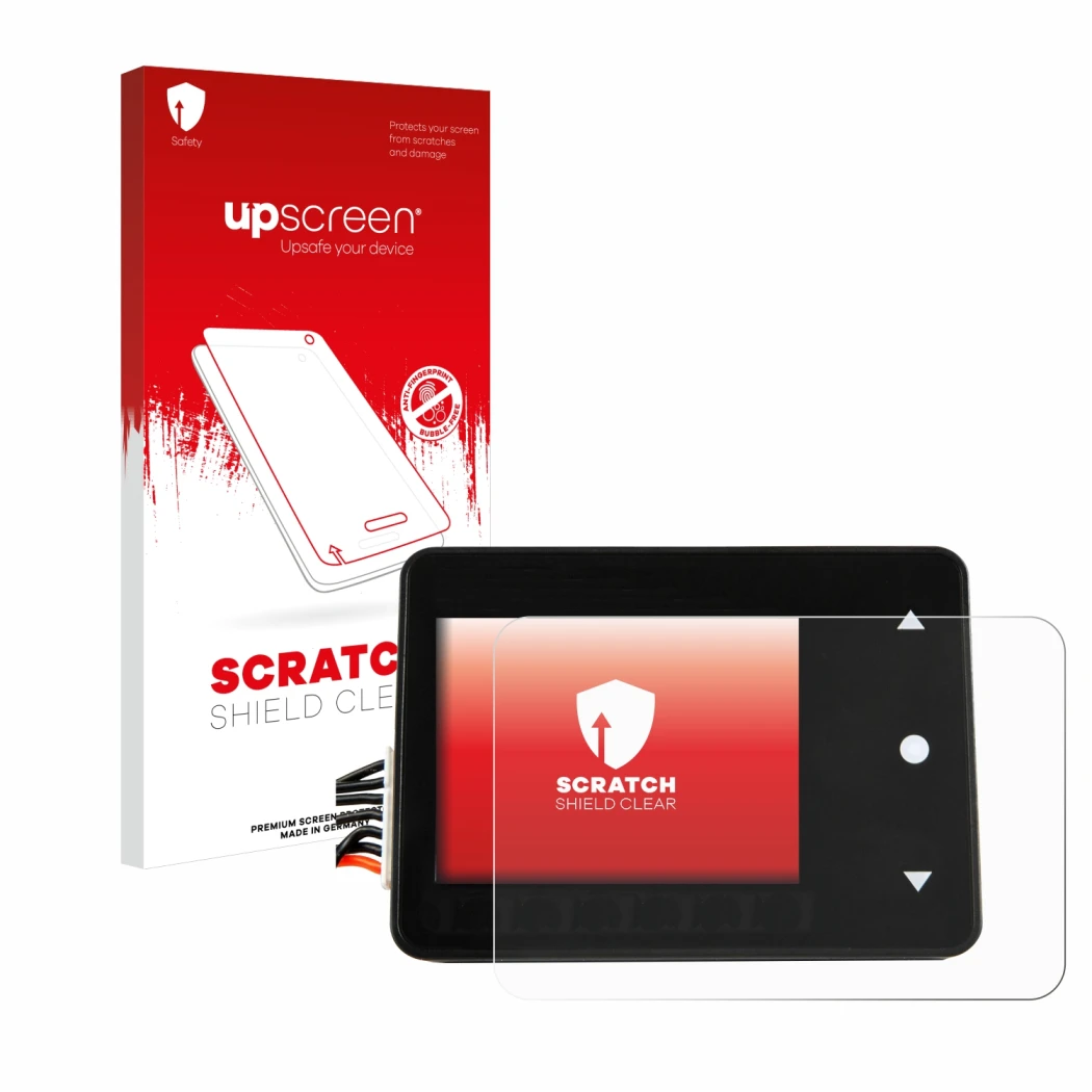 Face avant d’un emballage produit avec le logo de la marque upscreen. À côté, l’appareil Spektrum Smart Technology XBC100 est
