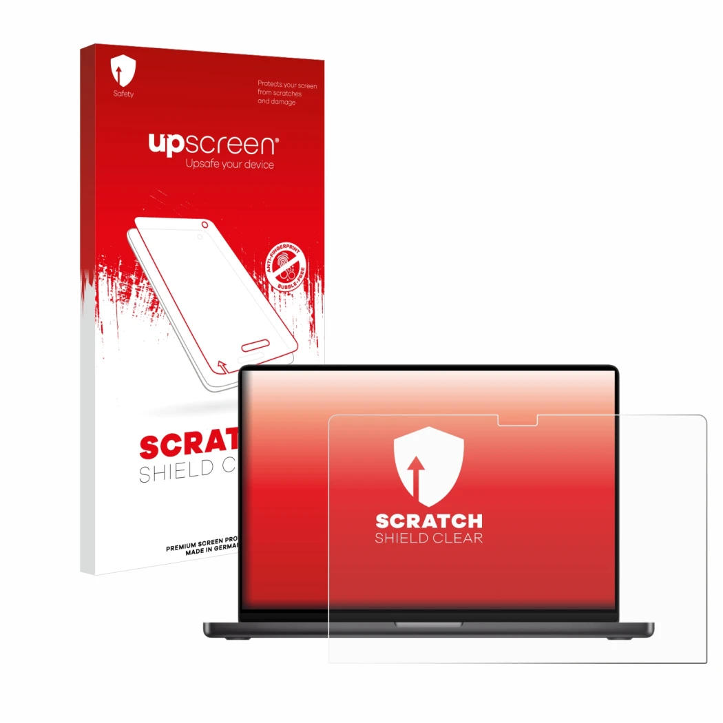 Face avant d’un emballage produit avec le logo de la marque upscreen. À côté, l’appareil Apple MacBook Pro 16
