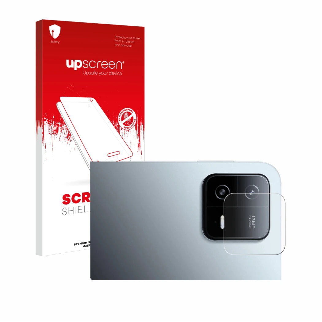 Face avant d’un emballage produit avec le logo de la marque upscreen. À côté, l’appareil Xiaomi Pad 6 (Caméra UNIQUEMENT) est 