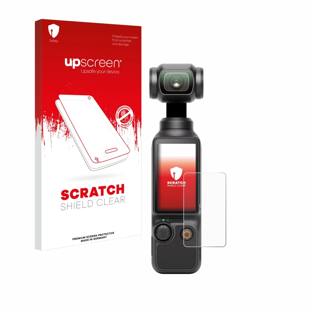 Face avant d’un emballage produit avec le logo de la marque upscreen. À côté, l’appareil DJI Osmo Pocket 3 est représenté avec