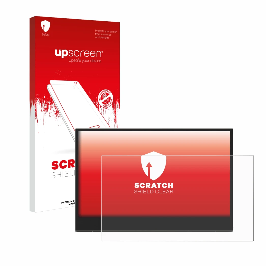 Face avant d’un emballage produit avec le logo de la marque upscreen. À côté, l’appareil Lenovo L15 (15,6