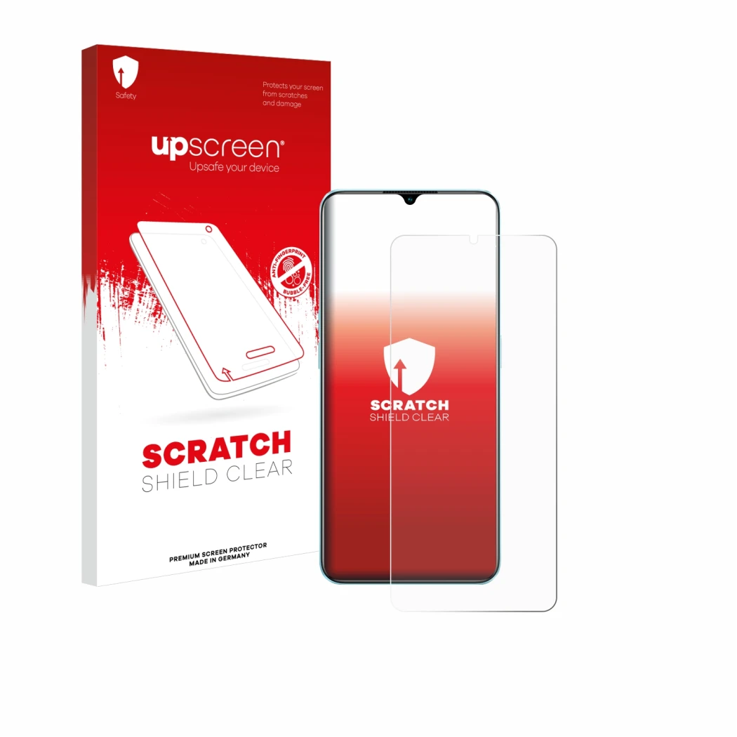 Face avant d’un emballage produit avec le logo de la marque upscreen. À côté, l’appareil Oppo A78 5G est représenté avec la pr