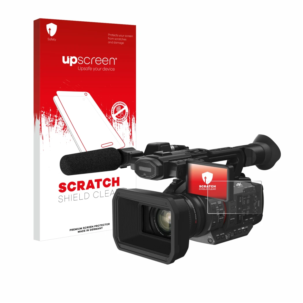 Face avant d’un emballage produit avec le logo de la marque upscreen. À côté, l’appareil Panasonic HC-X2 est représenté avec l