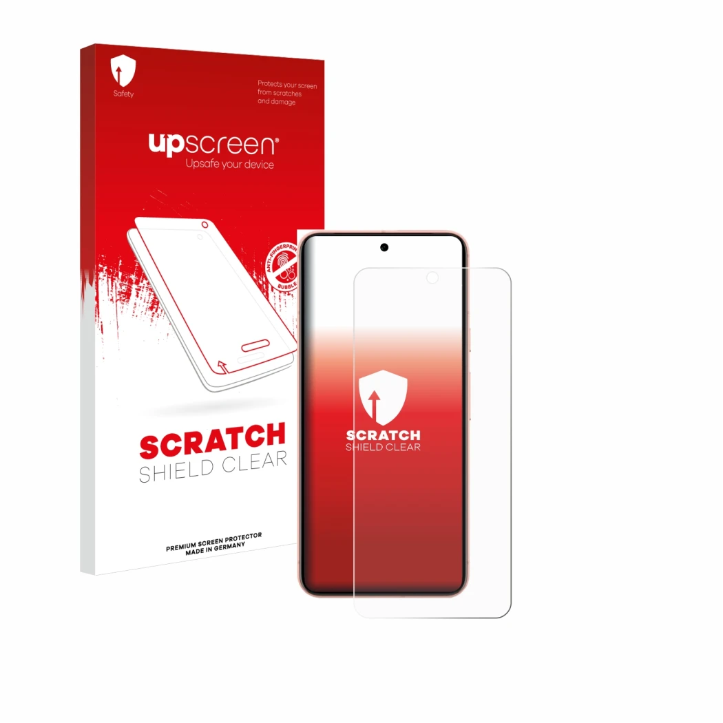 Face avant d’un emballage produit avec le logo de la marque upscreen. À côté, l’appareil Google Pixel 8 (case-friendly) est re