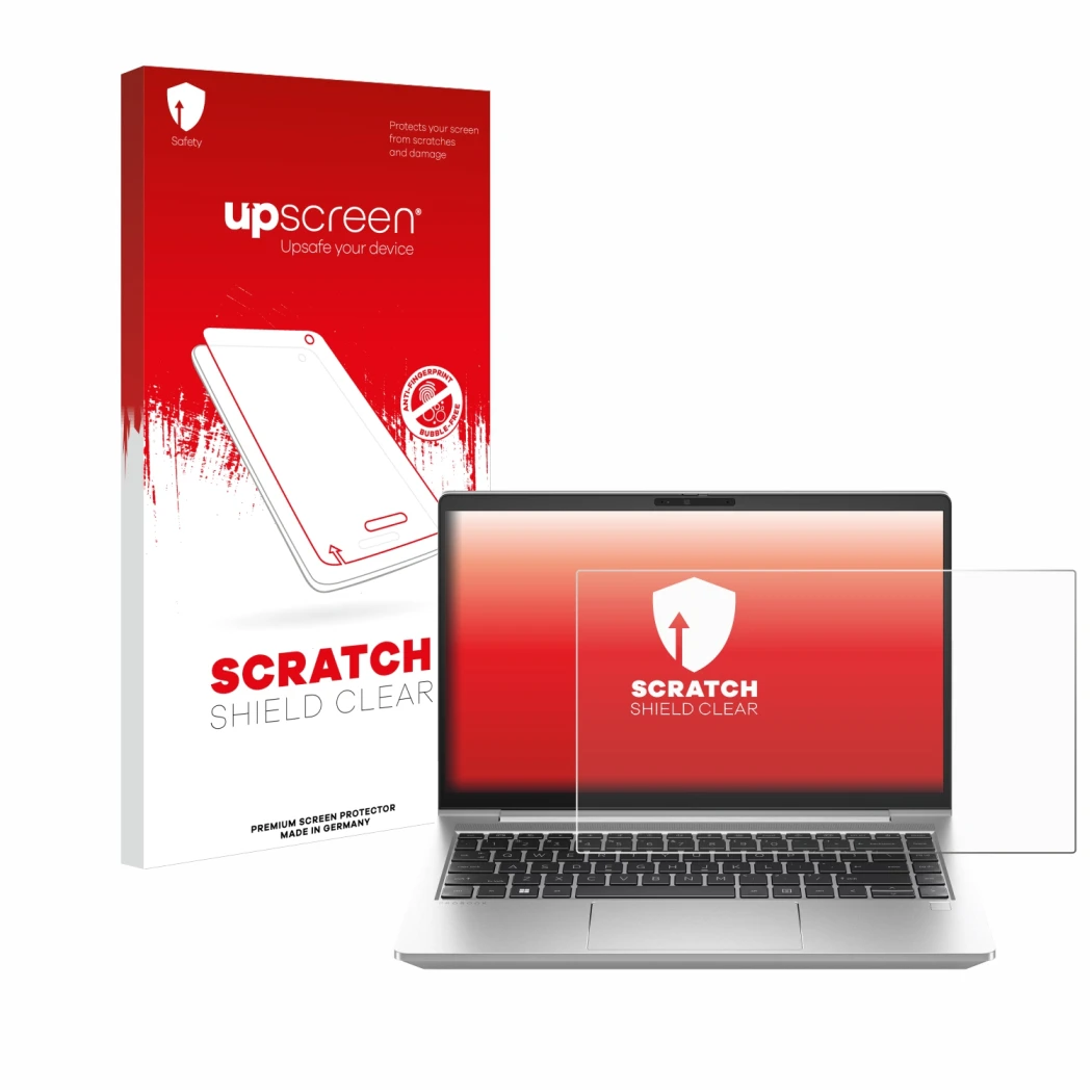 Face avant d’un emballage produit avec le logo de la marque upscreen. À côté, l’appareil HP ProBook 445 G10 est représenté ave