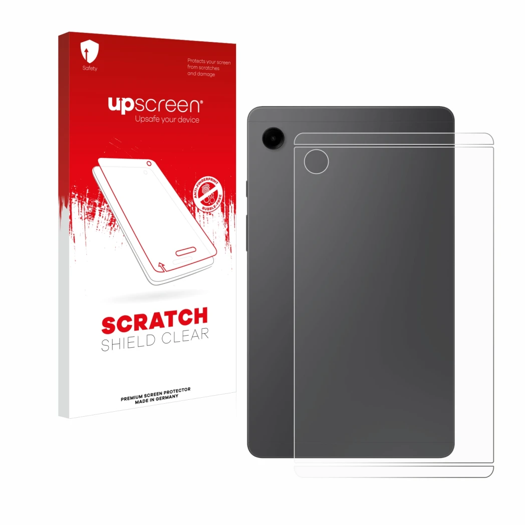 Face avant d’un emballage produit avec le logo de la marque upscreen. À côté, l’appareil Samsung Galaxy Tab A9 WiFi (Arrière) 