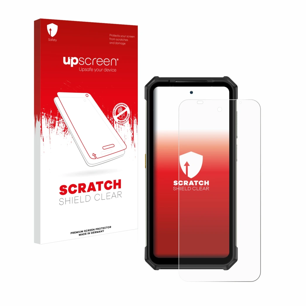 Face avant d’un emballage produit avec le logo de la marque upscreen. À côté, l’appareil Ulefone Armor 24 est représenté avec 