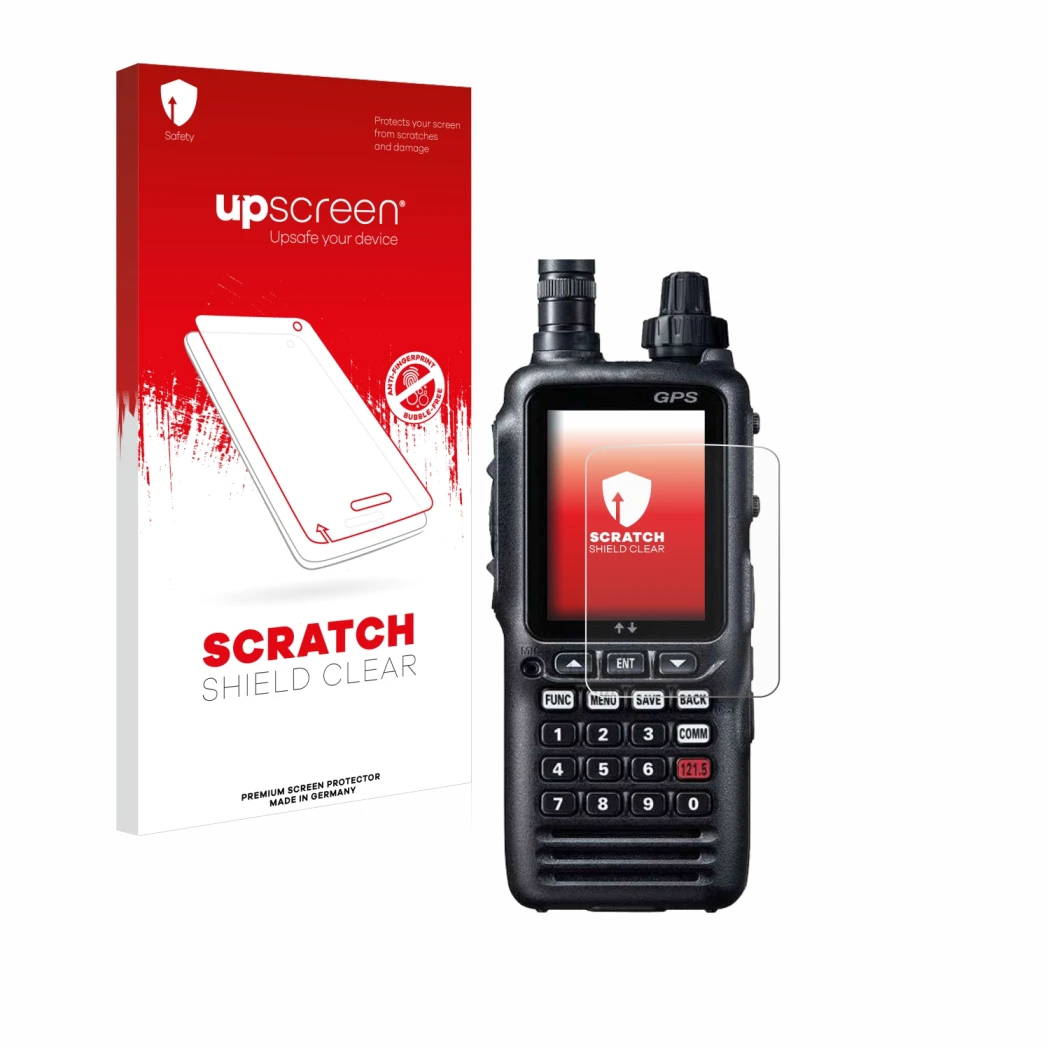 Face avant d’un emballage produit avec le logo de la marque upscreen. À côté, l’appareil Yaesu FTA-850L est représenté avec la