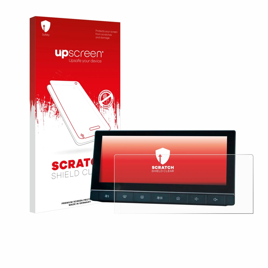 Face avant d’un emballage produit avec le logo de la marque upscreen. À côté, l’appareil MG 5 IPS-HD 10.25