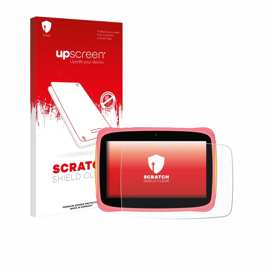 Face avant d’un emballage produit avec le logo de la marque upscreen. À côté, l’appareil Blackview Tab 3 Kids est représenté a