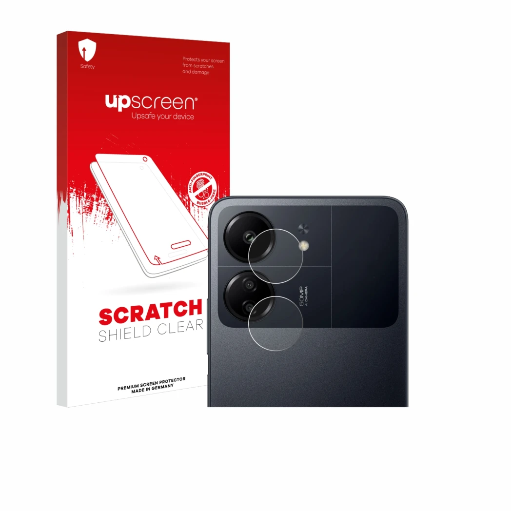 Face avant d’un emballage produit avec le logo de la marque upscreen. À côté, l’appareil Xiaomi Poco C65 (Caméra UNIQUEMENT) e